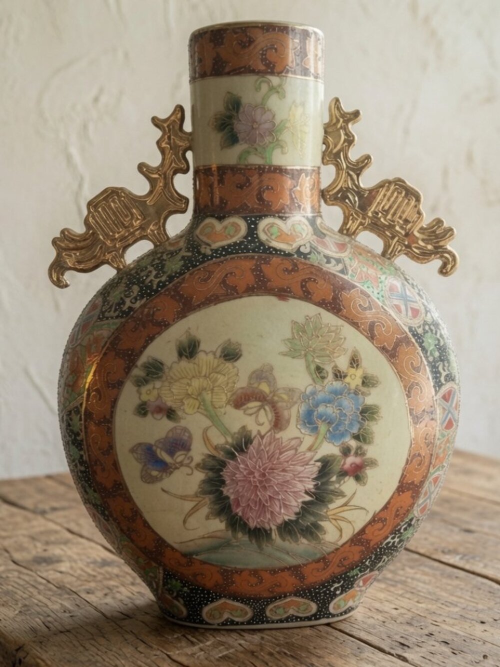 Japanese Satsuma Moon Flask 14" Flowers Butterflies Golden Moriage & Dragons